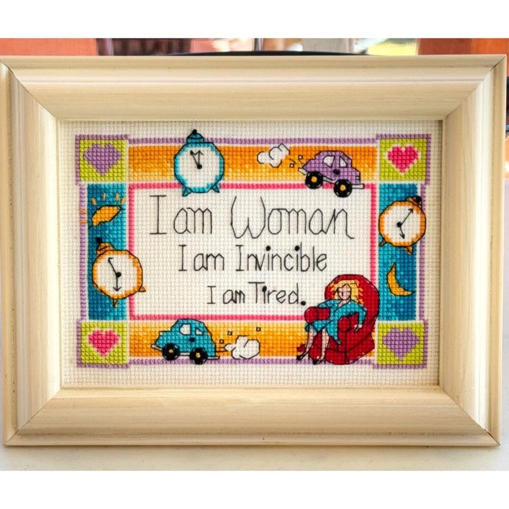 Cross-Stitch Wall Art With Wooden Frame "I Am Woman I Am Invincible I Am Tired"